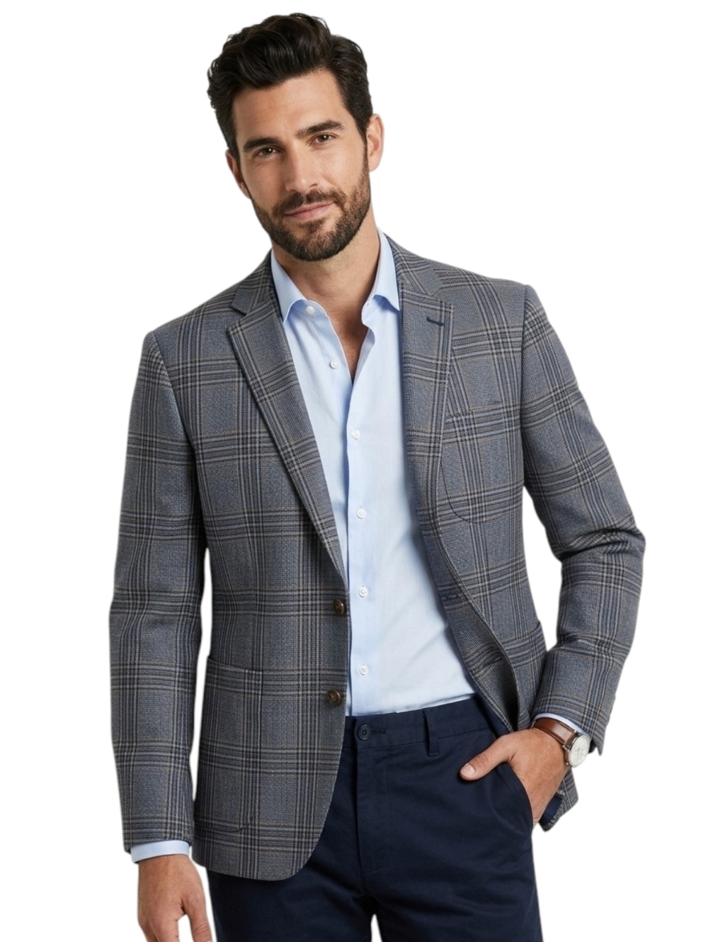 Indochino Yaletown Blue Plaid 100% Wool Blazer Sport Coat 42S Slim